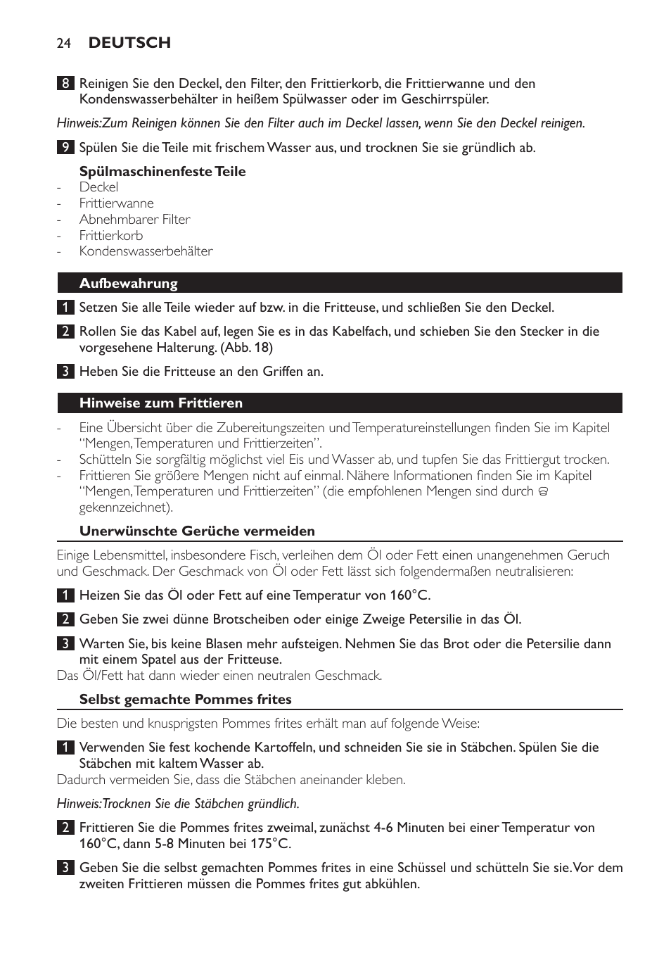 Aufbewahrung, Hinweise zum frittieren, Unerwünschte gerüche vermeiden | Selbst gemachte pommes frites, Umweltschutz, Entfernen der timer-batterie (nur hd6155) | Philips Freidora User Manual | Page 24 / 100