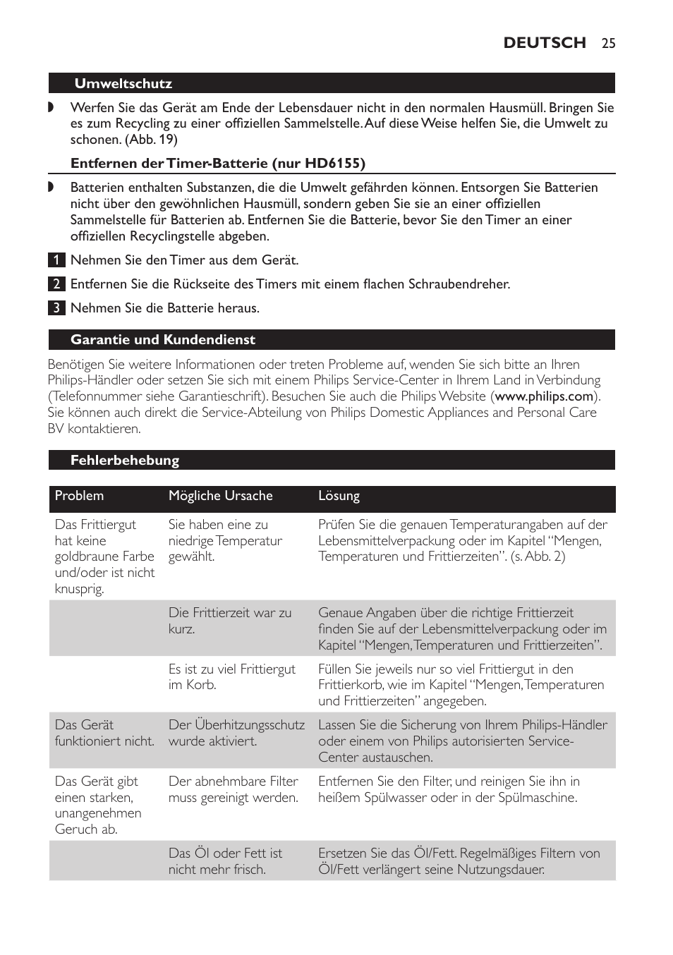 Garantie und kundendienst, Fehlerbehebung | Philips Freidora User Manual | Page 25 / 100