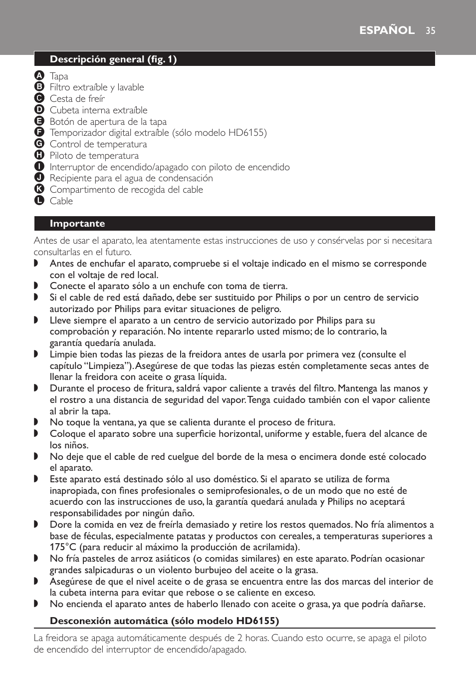 Español, Descripción general﻿ (fig. 1), Importante | Desconexión automática (sólo modelo hd6155) | Philips Freidora User Manual | Page 35 / 100