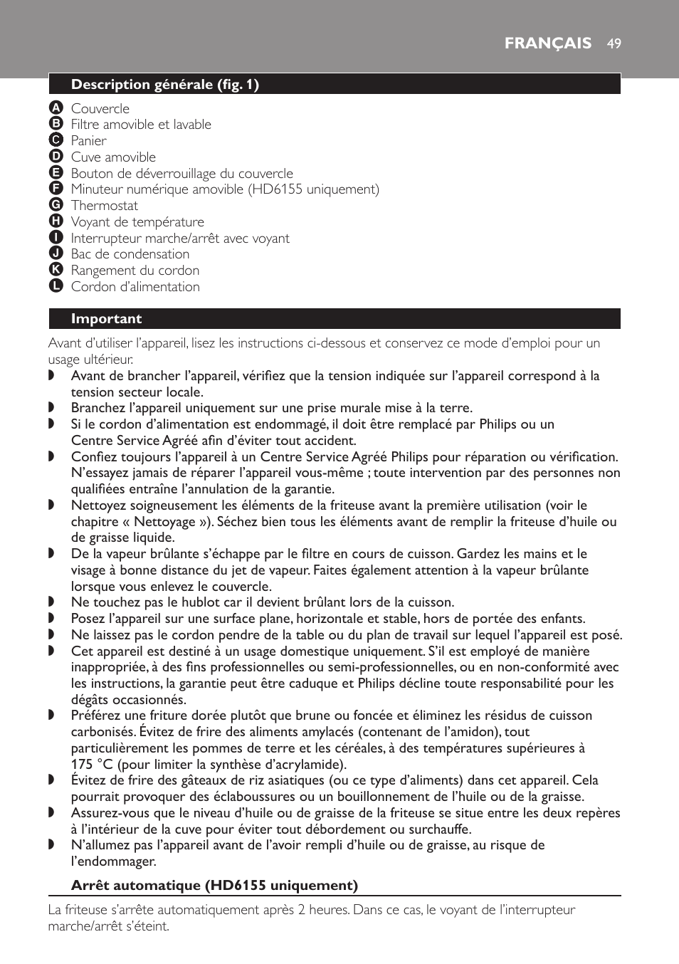 Français, Description générale﻿ (fig. 1), Important | Arrêt automatique (hd6155 uniquement) | Philips Freidora User Manual | Page 49 / 100