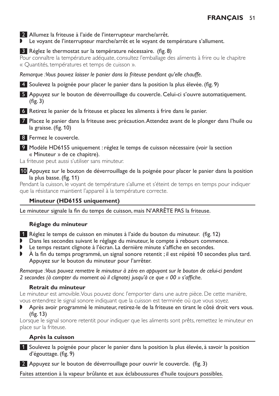 Minuteur (hd6155 uniquement), Réglage du minuteur, Retrait du minuteur | Après la cuisson | Philips Freidora User Manual | Page 51 / 100