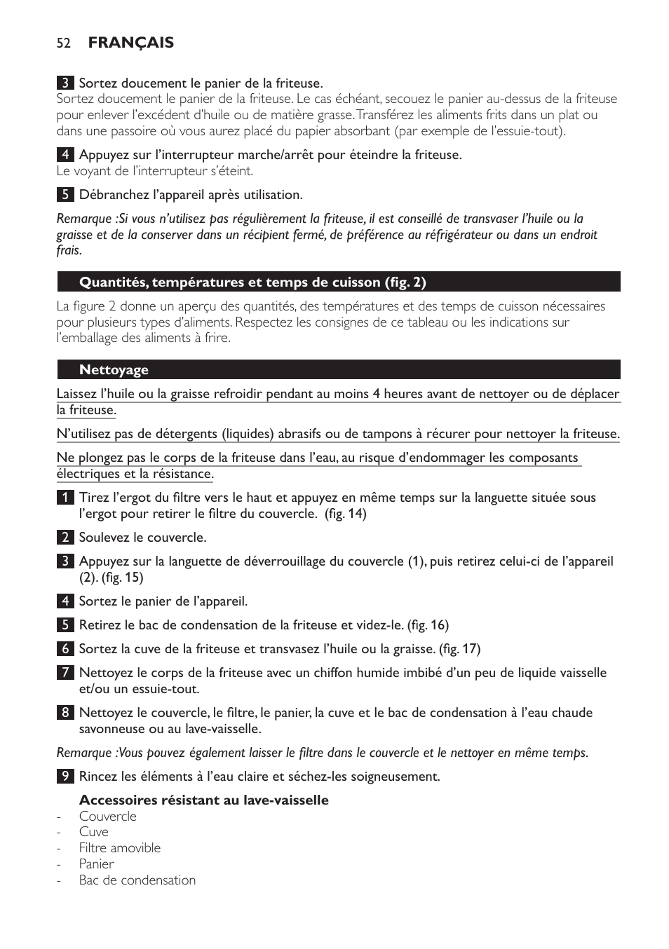Accessoires résistant au lave-vaisselle, Nettoyage | Philips Freidora User Manual | Page 52 / 100