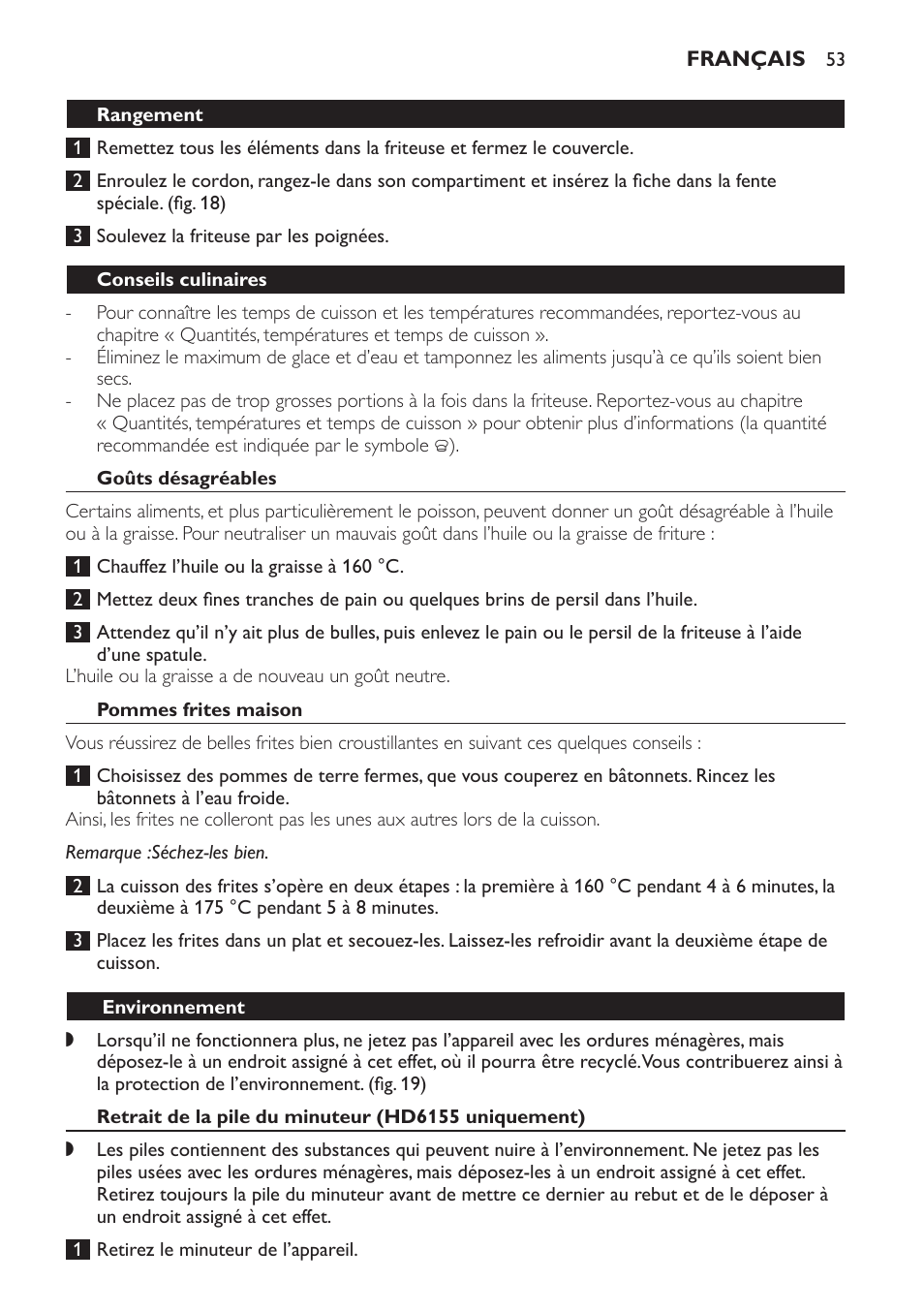 Rangement, Conseils culinaires, Goûts désagréables | Pommes frites maison, Environnement, Retrait de la pile du minuteur (hd6155 uniquement) | Philips Freidora User Manual | Page 53 / 100