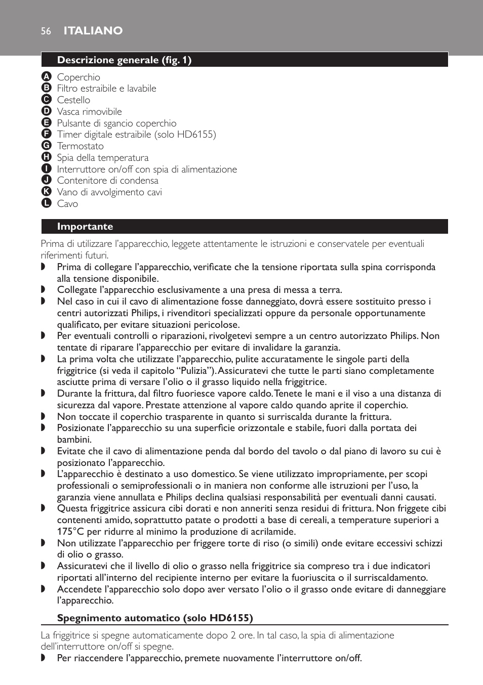 Italiano, Descrizione generale﻿ (fig. 1), Importante | Spegnimento automatico (solo hd6155) | Philips Freidora User Manual | Page 56 / 100