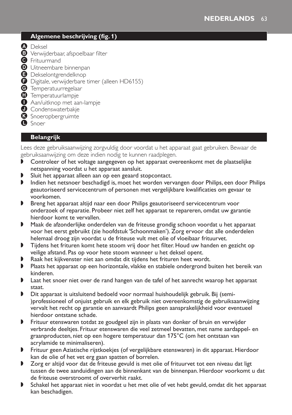 Nederlands, Algemene beschrijving﻿ (fig. 1), Belangrijk | Philips Freidora User Manual | Page 63 / 100