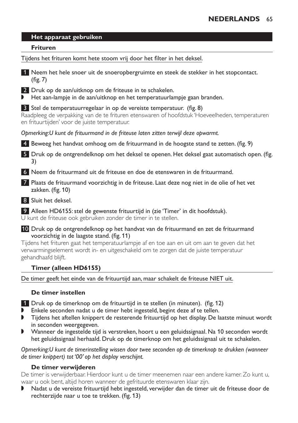 Timer (alleen hd6155), De timer instellen, De timer verwijderen | Na het frituren | Philips Freidora User Manual | Page 65 / 100