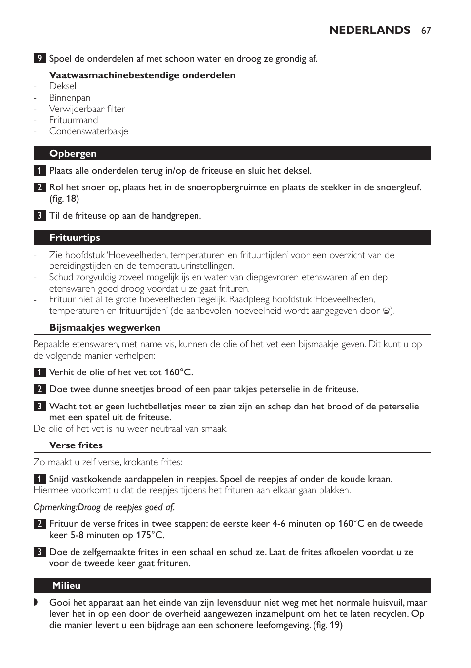 Opbergen, Frituurtips, Bijsmaakjes wegwerken | Verse frites, Milieu | Philips Freidora User Manual | Page 67 / 100