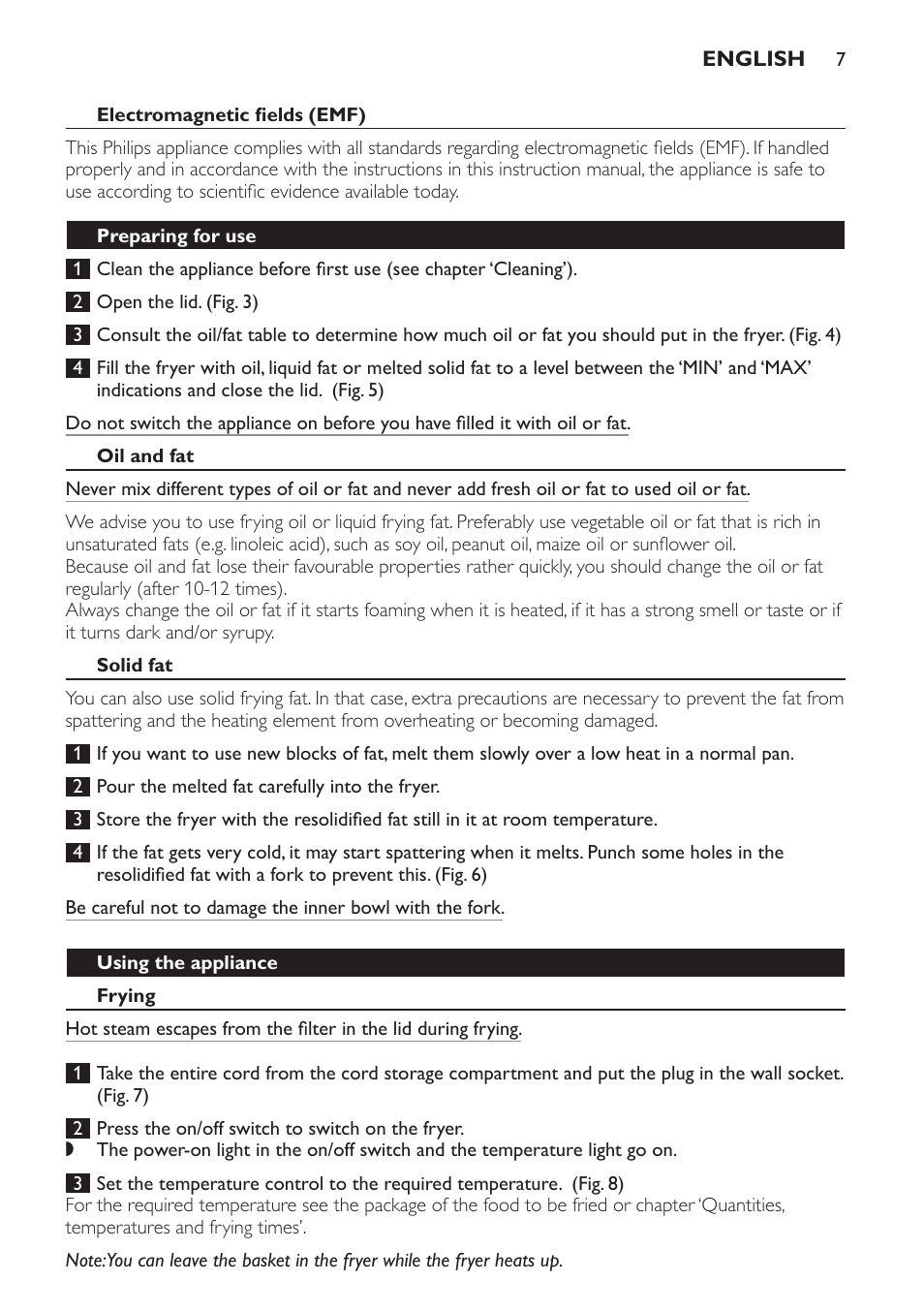 Electromagnetic fields (emf), Preparing for use, Oil and fat | Solid fat, Using the appliance, Frying | Philips Freidora User Manual | Page 7 / 100