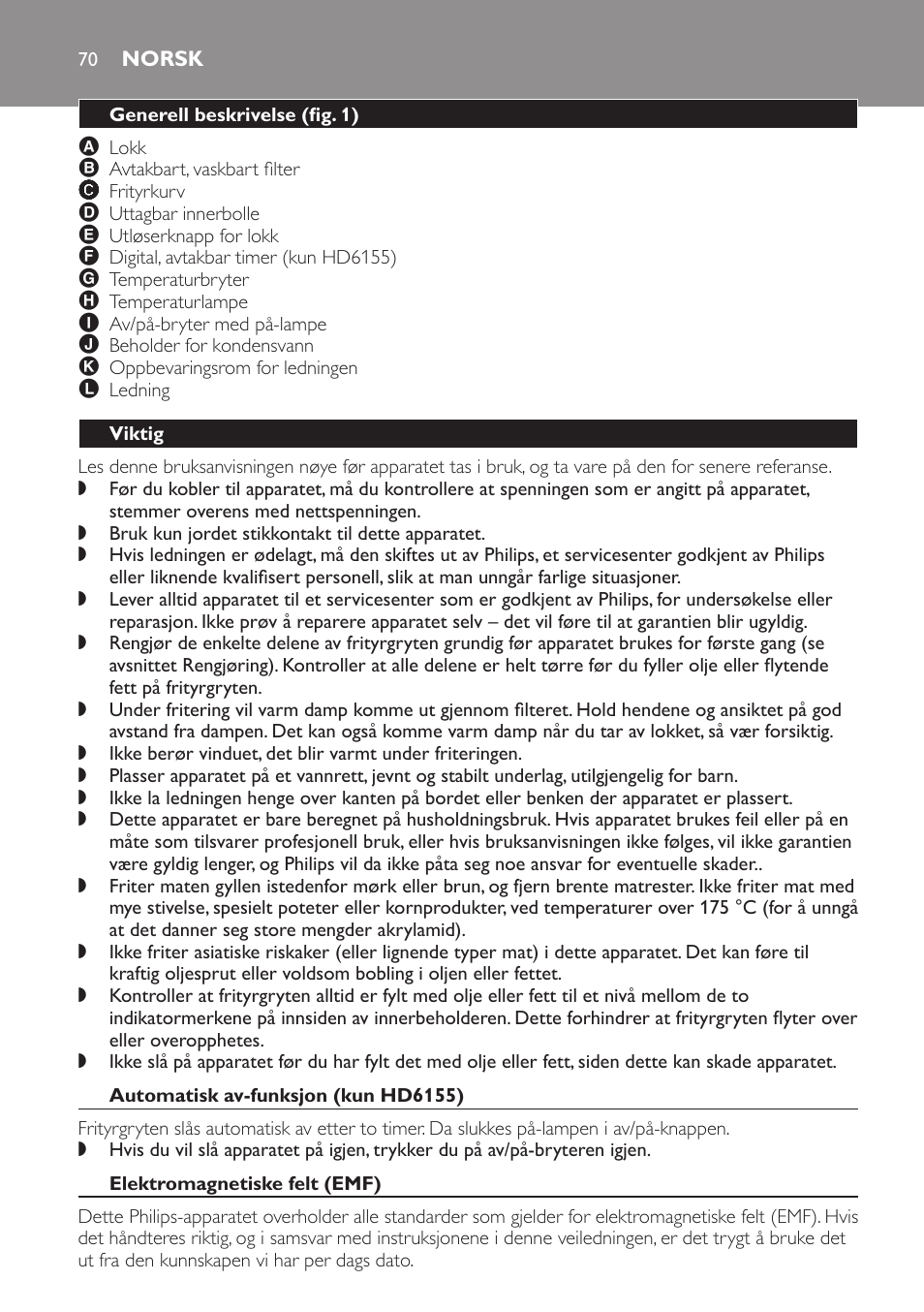 Norsk, Generell beskrivelse﻿ (fig. 1), Viktig | Automatisk av-funksjon (kun hd6155), Elektromagnetiske felt (emf) | Philips Freidora User Manual | Page 70 / 100
