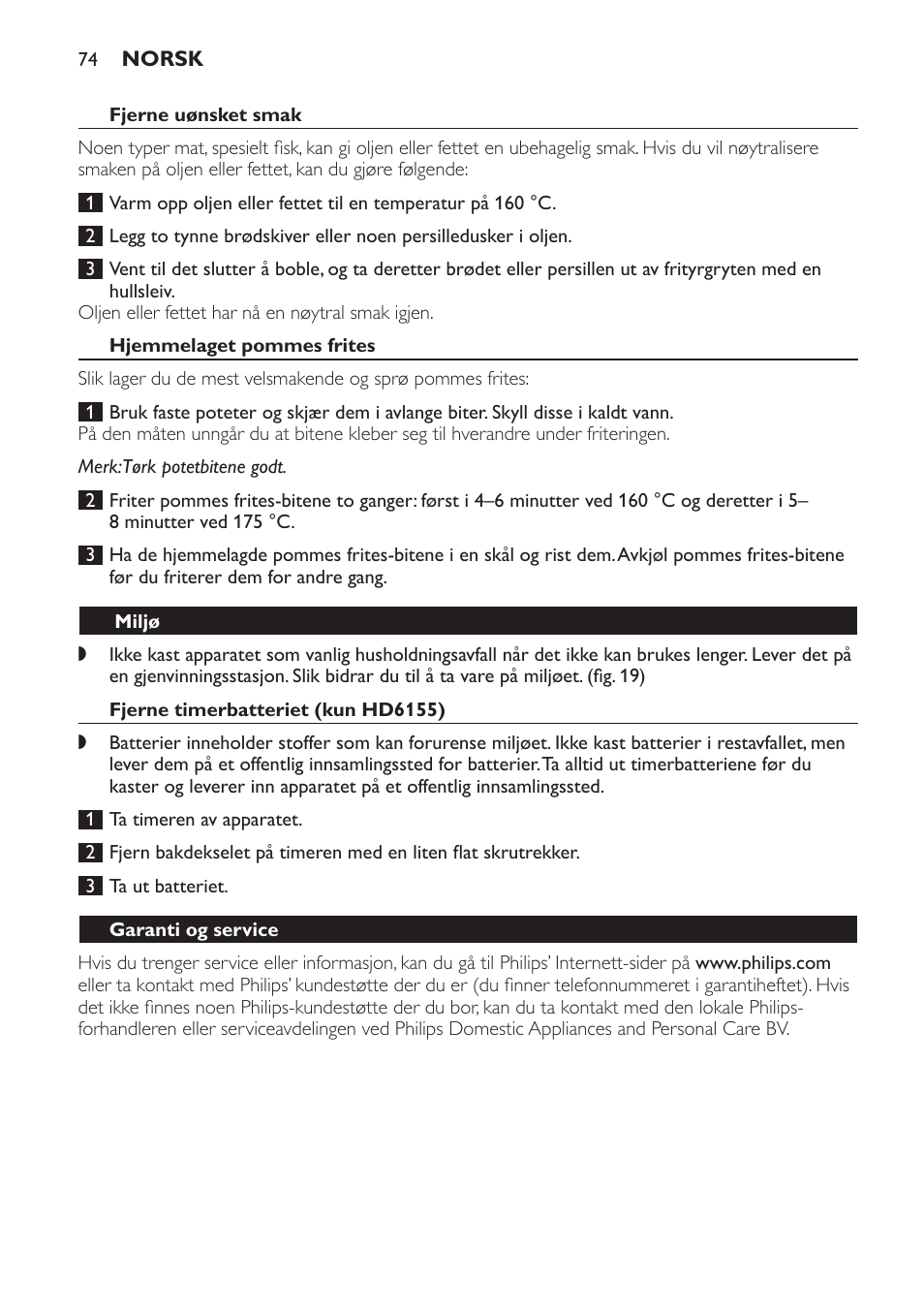 Fjerne uønsket smak, Hjemmelaget pommes frites, Miljø | Fjerne timerbatteriet (kun hd6155), Garanti og service, Feilsøking | Philips Freidora User Manual | Page 74 / 100