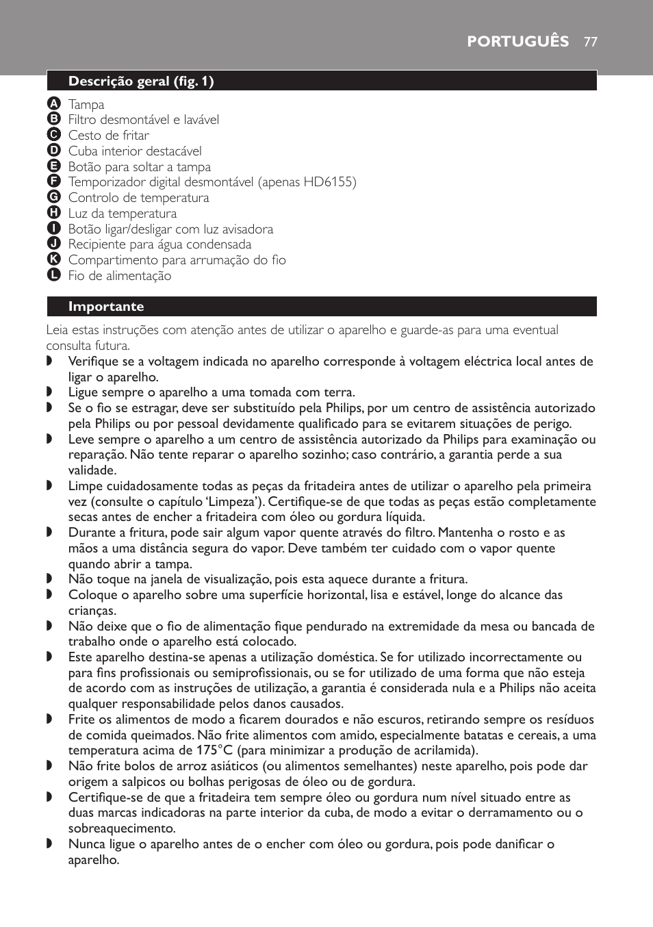 Português, Descrição geral﻿ (fig. 1), Importante | Philips Freidora User Manual | Page 77 / 100