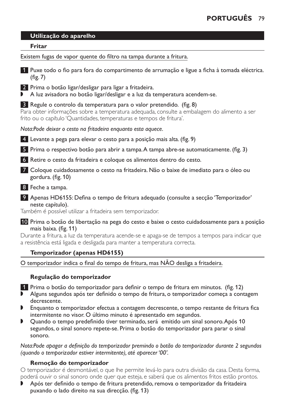 Temporizador (apenas hd6155), Regulação do temporizador, Remoção do temporizador | Após a fritura | Philips Freidora User Manual | Page 79 / 100