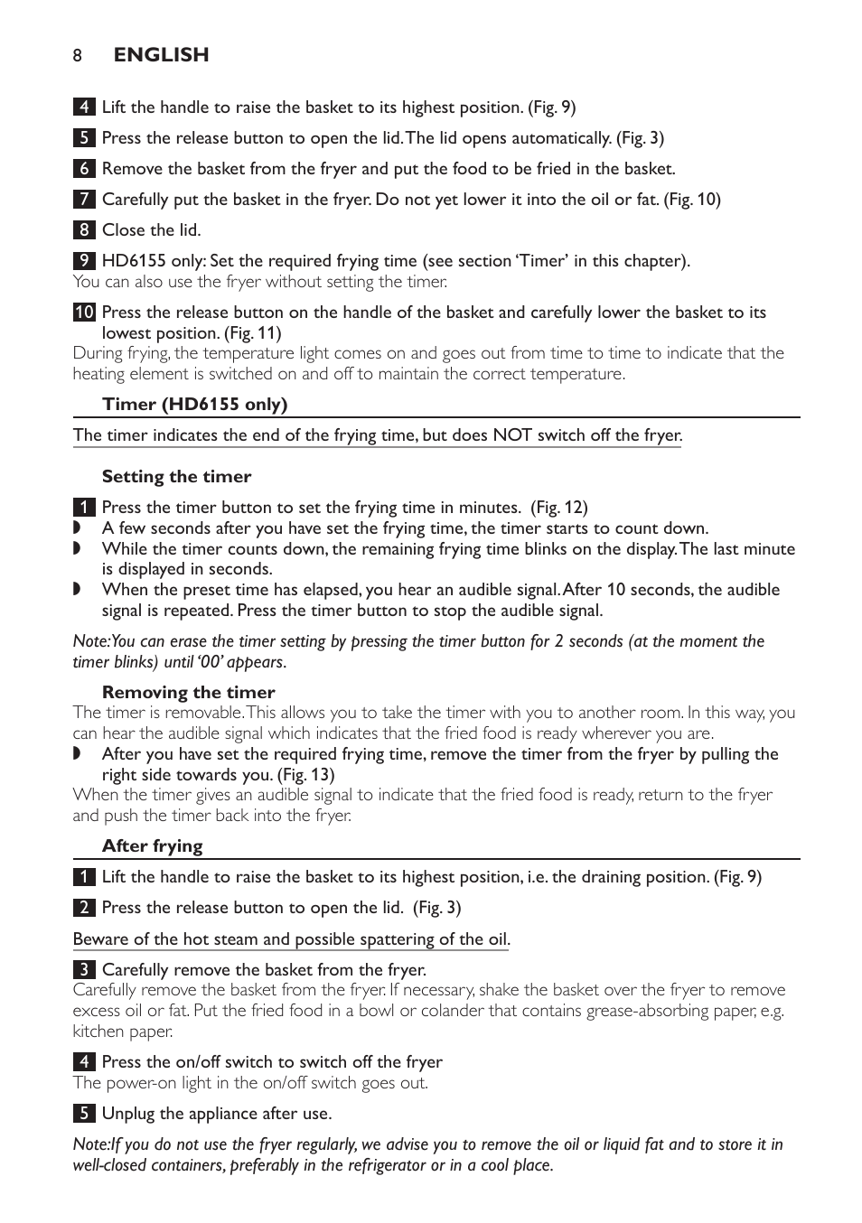 Timer (hd6155 only), Setting the timer, Removing the timer | After frying | Philips Freidora User Manual | Page 8 / 100