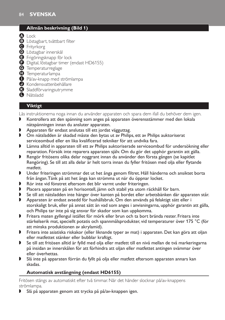 Svenska, Allmän beskrivning﻿ (bild 1), Viktigt | Automatisk avstängning (endast hd6155) | Philips Freidora User Manual | Page 84 / 100