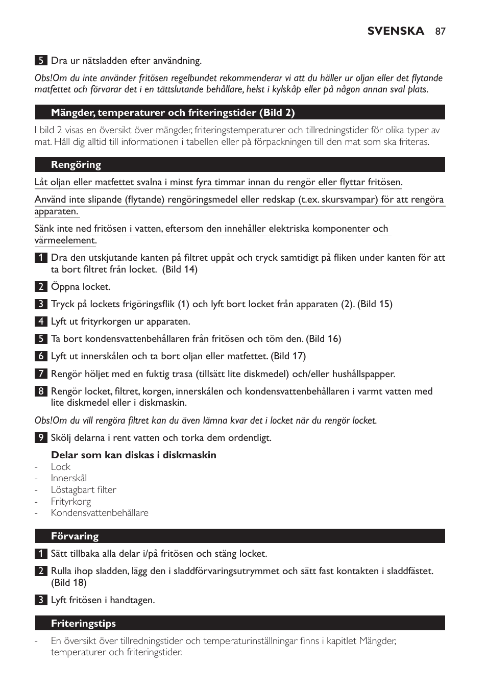 Delar som kan diskas i diskmaskin, Rengöring, Förvaring | Friteringstips | Philips Freidora User Manual | Page 87 / 100
