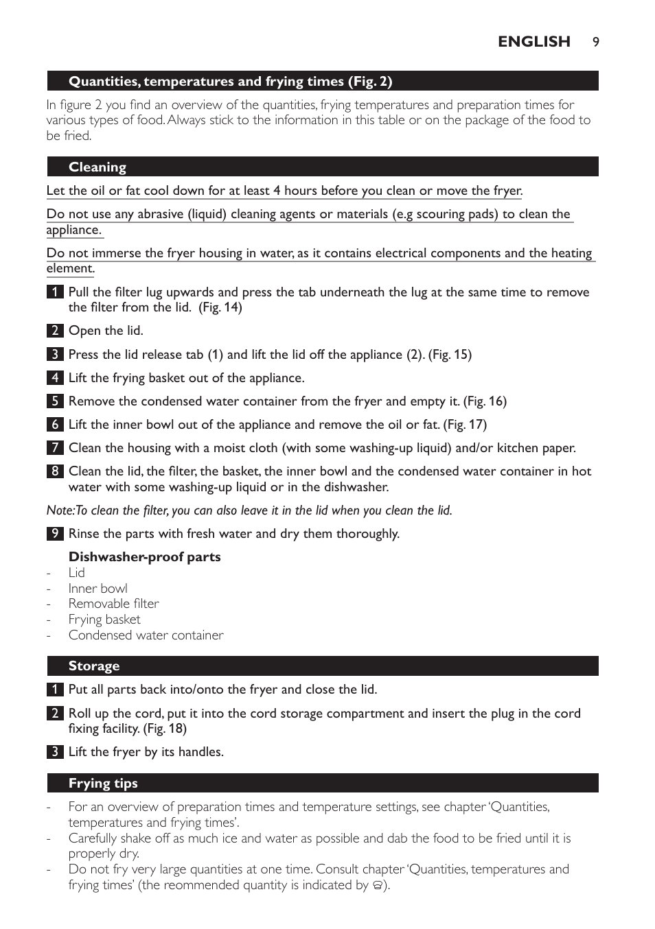 Dishwasher-proof parts, Cleaning, Storage | Frying tips | Philips Freidora User Manual | Page 9 / 100