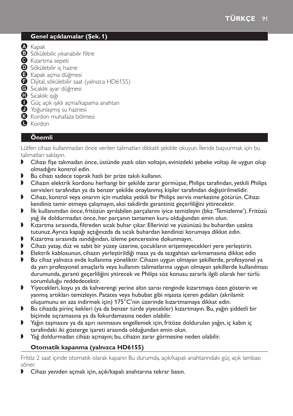 Türkçe, Genel açıklamalar﻿ (şek. 1), Önemli | Otomatik kapanma (yalnızca hd6155) | Philips Freidora User Manual | Page 91 / 100