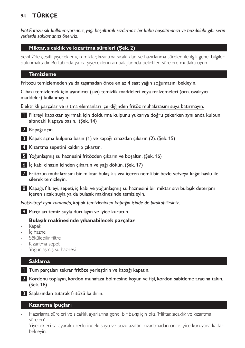 Bulaşık makinesinde yıkanabilecek parçalar, Miktar, sıcaklık ve kızartma süreleri﻿ (şek. 2), Temizleme | Saklama, Kızartma ipuçları | Philips Freidora User Manual | Page 94 / 100