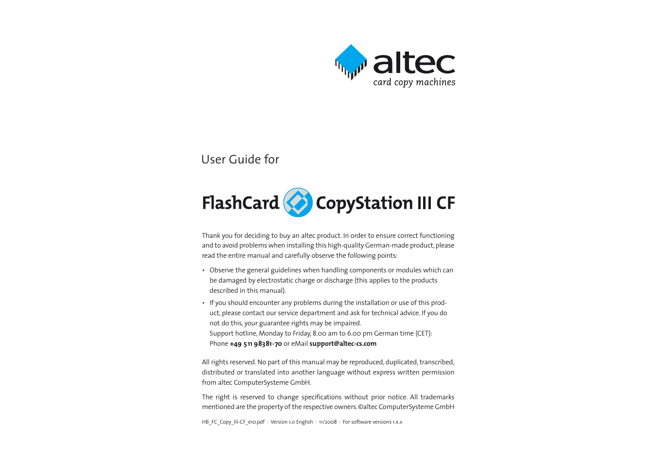 Altec Lansing ALTEC CARD FLASH CARD COPY STATION III CF User Manual | 11 pages