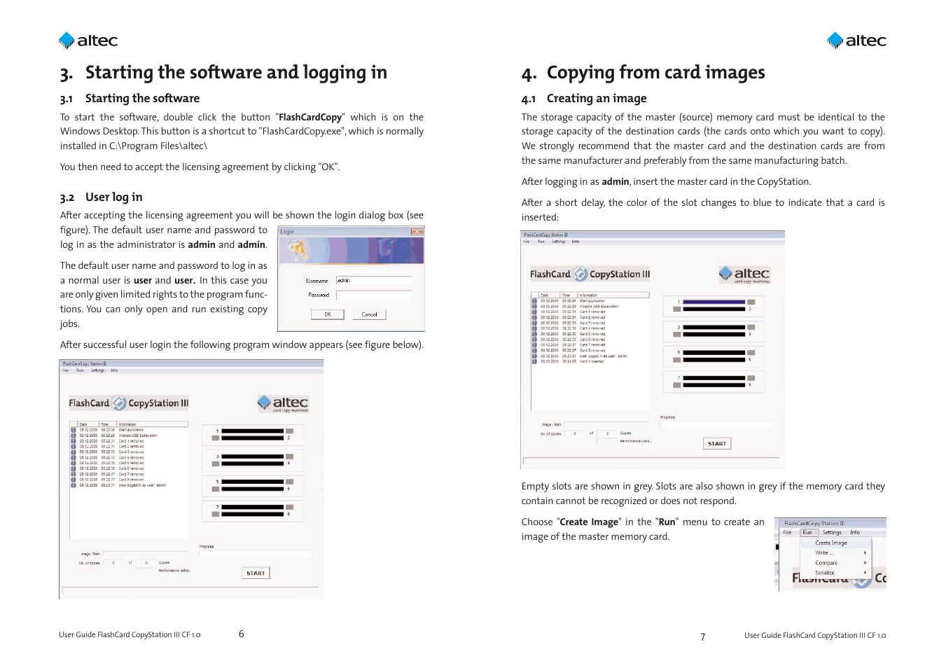 Copying from card images, Starting the software and logging in | Altec Lansing ALTEC CARD FLASH CARD COPY STATION III CF User Manual | Page 4 / 11