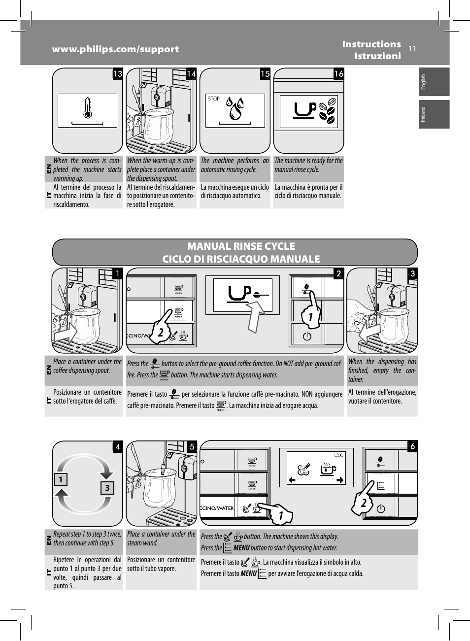 Manual rinse cycle ciclo di risciacquo manuale | Philips Saeco Moltio Cafetera expreso súper automática User Manual | Page 11 / 72