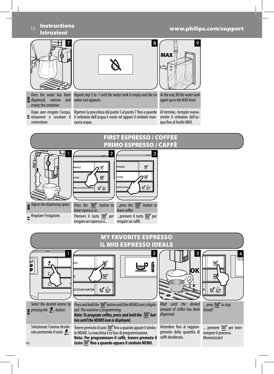 First espresso / coffee primo espresso / caffè, My favorite espresso il mio espresso ideale | Philips Saeco Moltio Cafetera expreso súper automática User Manual | Page 12 / 72