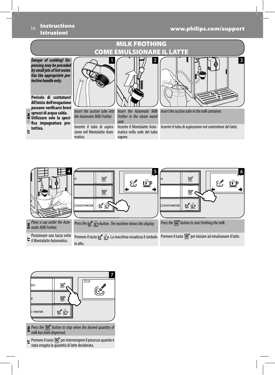 Milk frothing come emulsionare il latte | Philips Saeco Moltio Cafetera expreso súper automática User Manual | Page 16 / 72