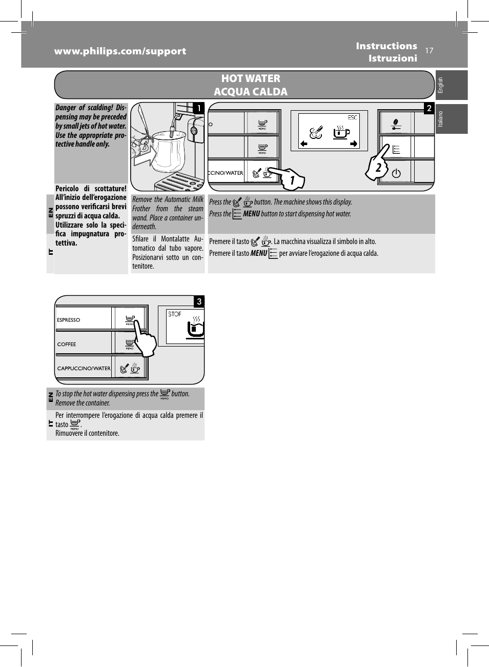 Hot water acqua calda | Philips Saeco Moltio Cafetera expreso súper automática User Manual | Page 17 / 72