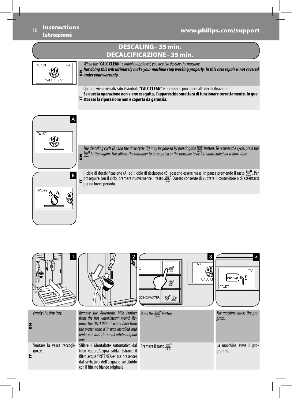 Descaling - 35 min. decalcificazione - 35 min | Philips Saeco Moltio Cafetera expreso súper automática User Manual | Page 18 / 72