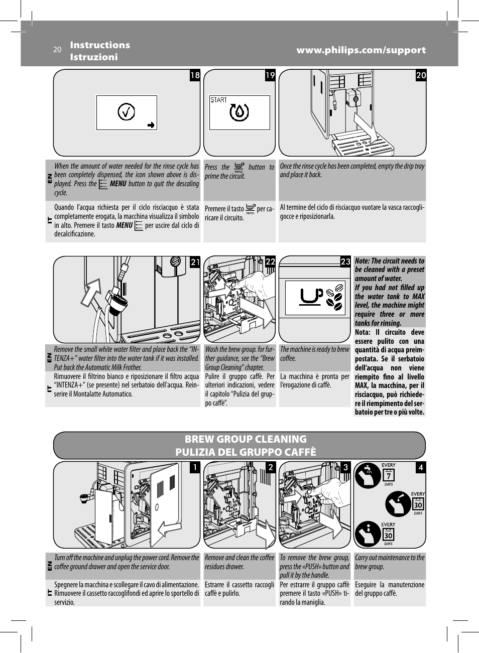 Brew group cleaning pulizia del gruppo caffè | Philips Saeco Moltio Cafetera expreso súper automática User Manual | Page 20 / 72