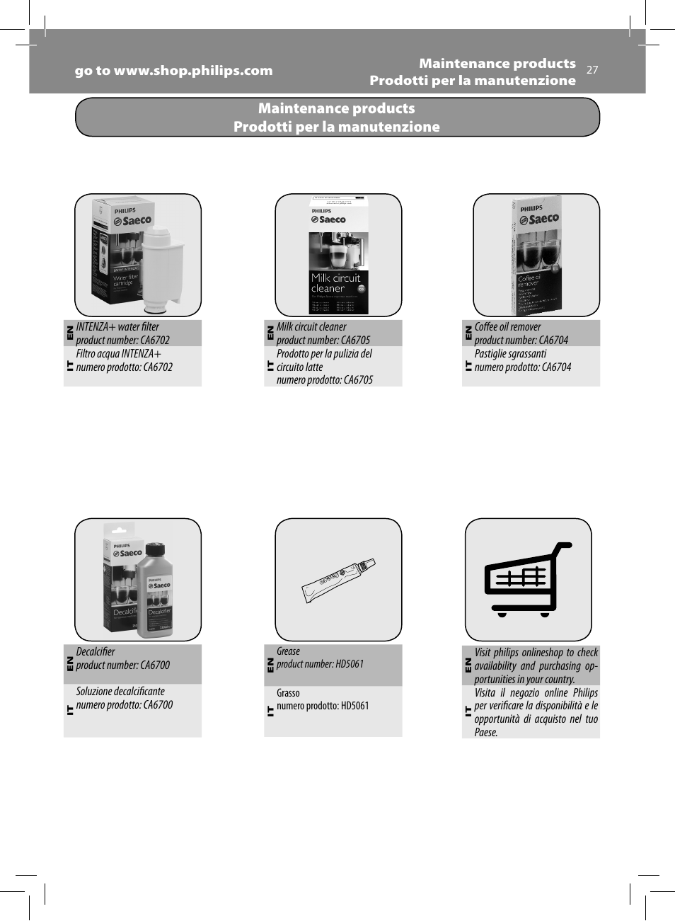 Maintenance products prodotti per la manutenzione | Philips Saeco Moltio Cafetera expreso súper automática User Manual | Page 27 / 72