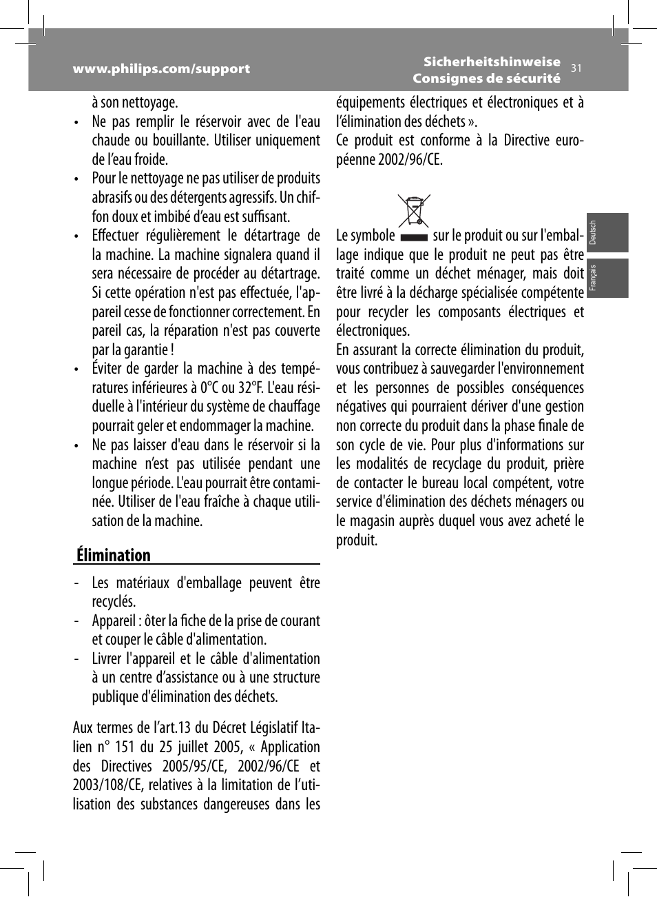 Élimination | Philips Saeco Moltio Cafetera expreso súper automática User Manual | Page 31 / 72