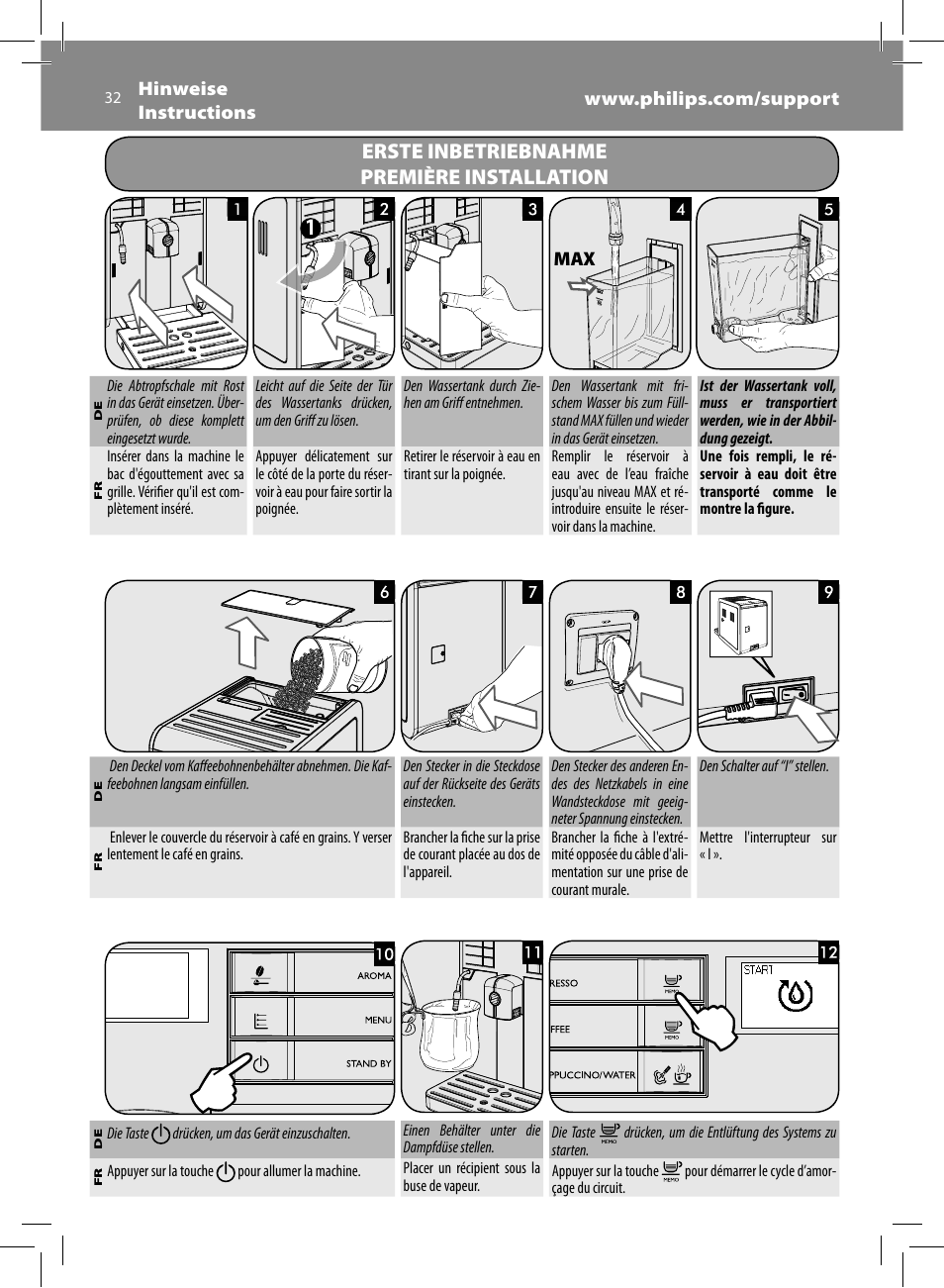 Erste inbetriebnahme première installation | Philips Saeco Moltio Cafetera expreso súper automática User Manual | Page 32 / 72