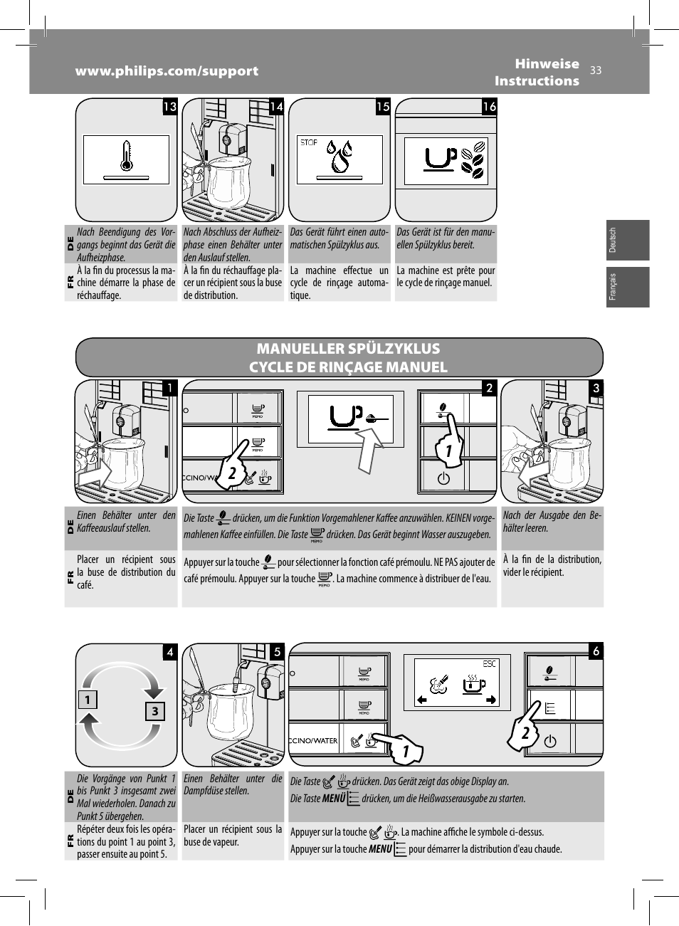 Manueller spülzyklus cycle de rinçage manuel | Philips Saeco Moltio Cafetera expreso súper automática User Manual | Page 33 / 72