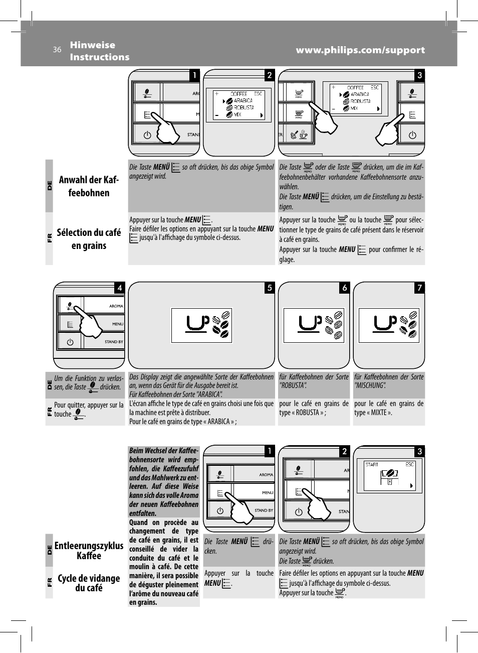 Anwahl der kaf- feebohnen, Sélection du café en grains, Entleerungszyklus kaff ee | Cycle de vidange du café | Philips Saeco Moltio Cafetera expreso súper automática User Manual | Page 36 / 72