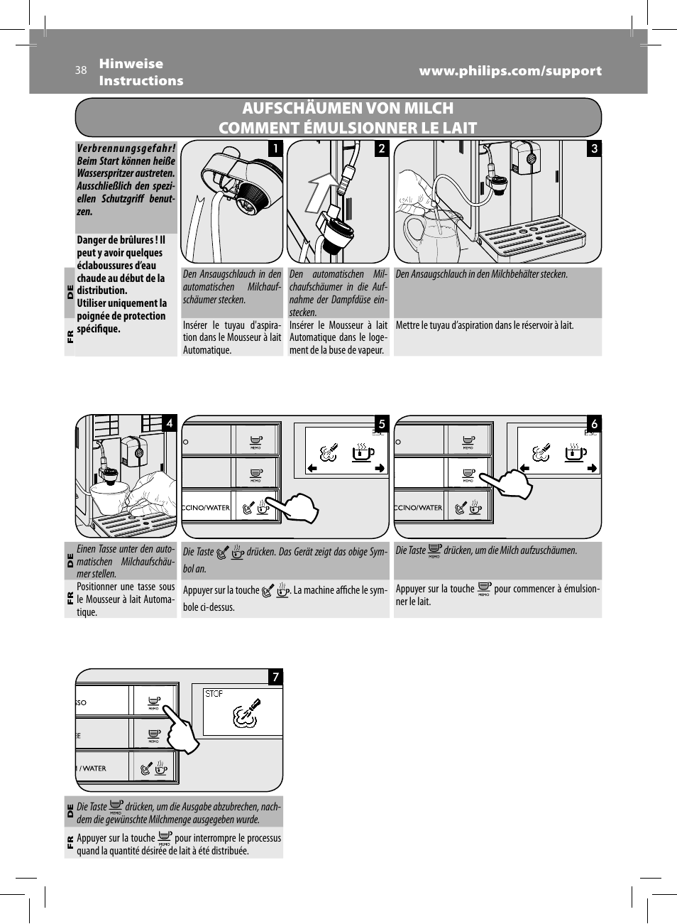 Aufschäumen von milch comment émulsionner le lait | Philips Saeco Moltio Cafetera expreso súper automática User Manual | Page 38 / 72