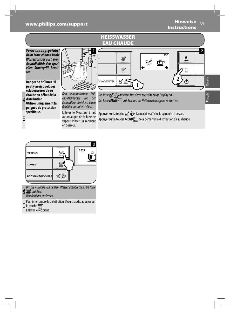 Heisswasser eau chaude | Philips Saeco Moltio Cafetera expreso súper automática User Manual | Page 39 / 72