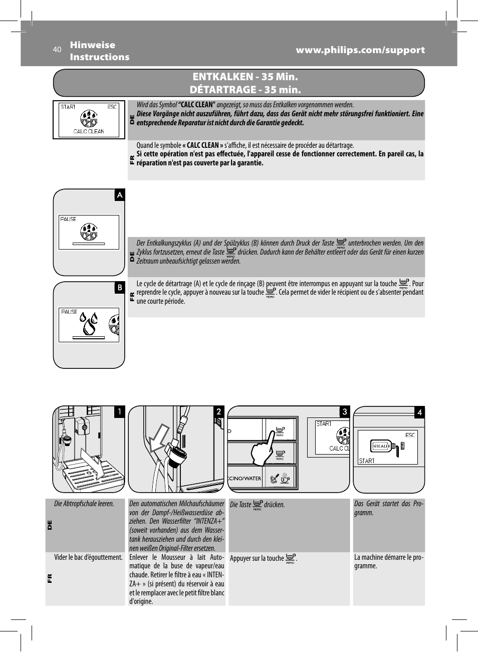 Entkalken - 35 min. détartrage - 35 min | Philips Saeco Moltio Cafetera expreso súper automática User Manual | Page 40 / 72