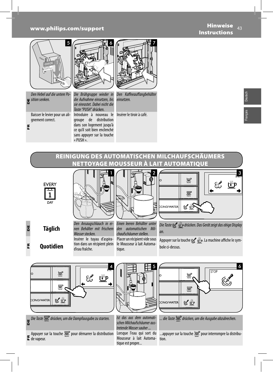 Täglich, Quotidien | Philips Saeco Moltio Cafetera expreso súper automática User Manual | Page 43 / 72
