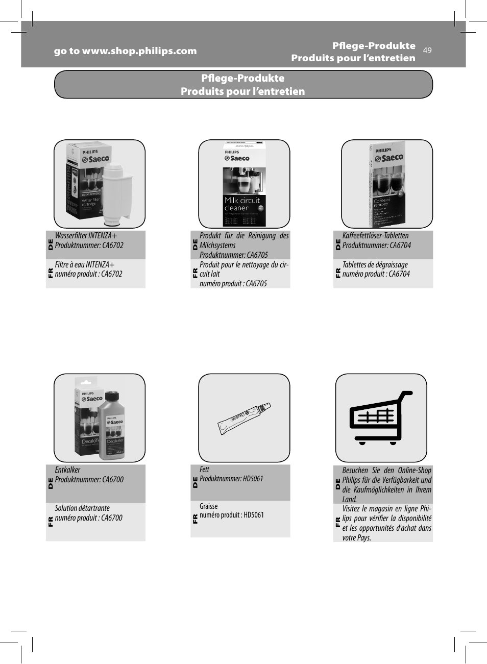 Pfl ege-produkte produits pour l’entretien | Philips Saeco Moltio Cafetera expreso súper automática User Manual | Page 49 / 72