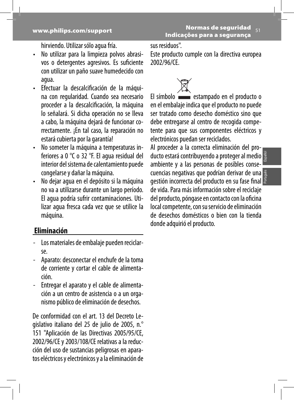 Eliminación | Philips Saeco Moltio Cafetera expreso súper automática User Manual | Page 51 / 72