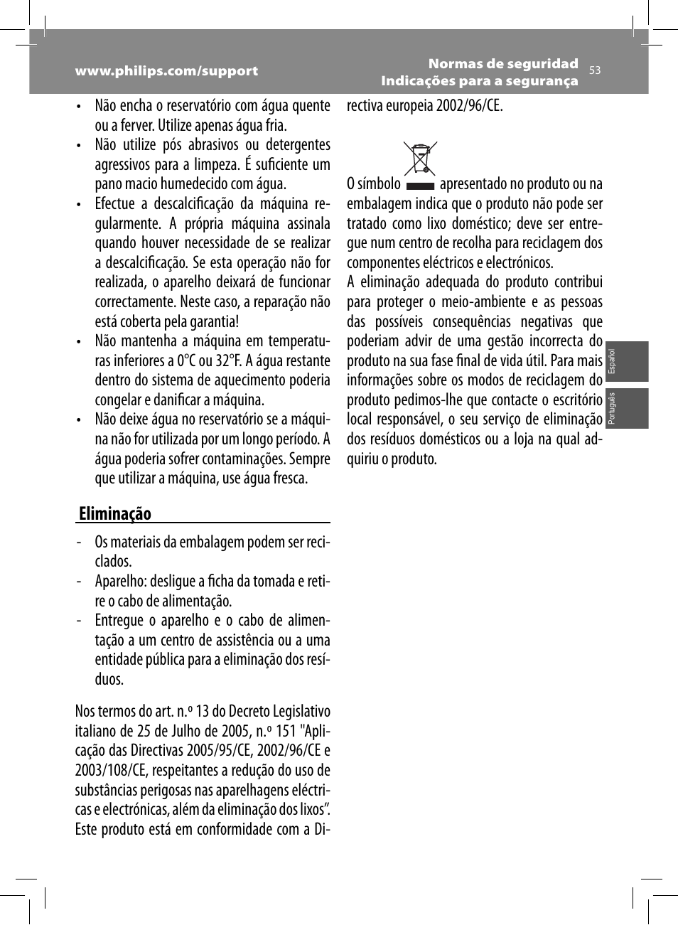 Eliminação | Philips Saeco Moltio Cafetera expreso súper automática User Manual | Page 53 / 72