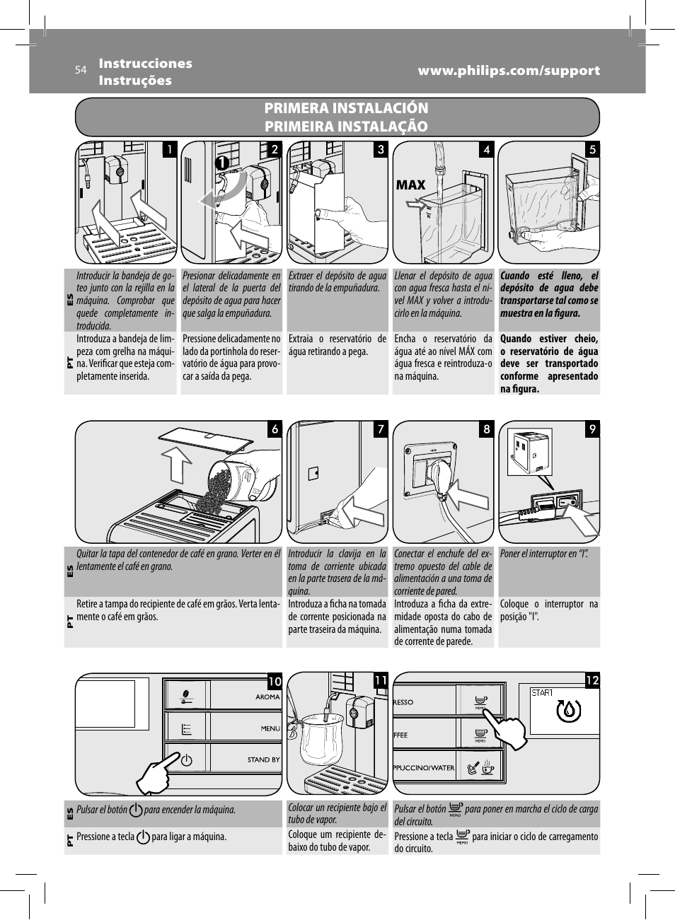 Primera instalación primeira instalação | Philips Saeco Moltio Cafetera expreso súper automática User Manual | Page 54 / 72