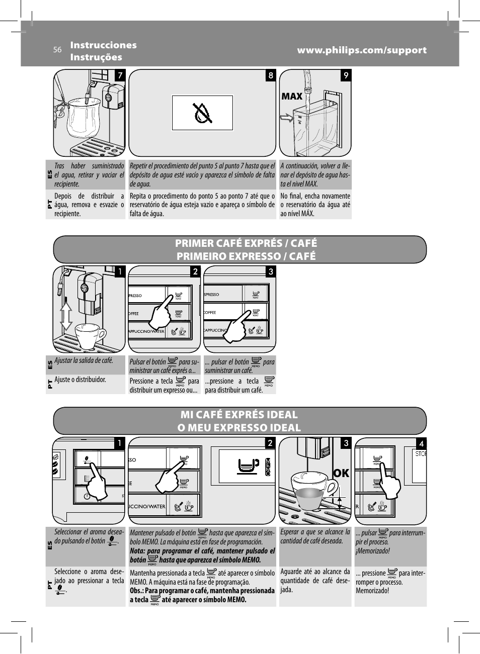 Primer café exprés / café primeiro expresso / café, Mi café exprés ideal o meu expresso ideal | Philips Saeco Moltio Cafetera expreso súper automática User Manual | Page 56 / 72