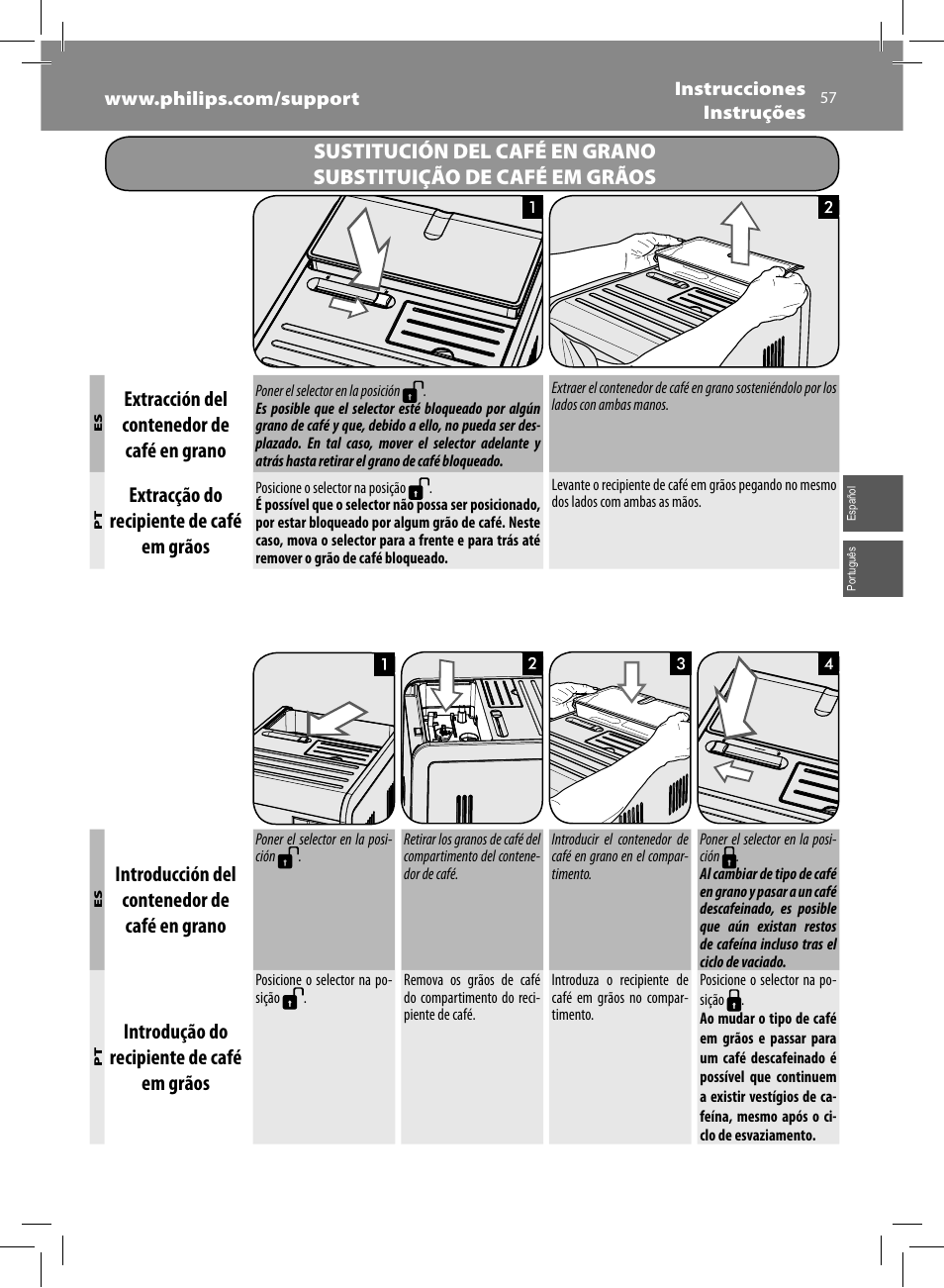 Extracción del contenedor de café en grano, Extracção do recipiente de café em grãos, Introducción del contenedor de café en grano | Introdução do recipiente de café em grãos | Philips Saeco Moltio Cafetera expreso súper automática User Manual | Page 57 / 72