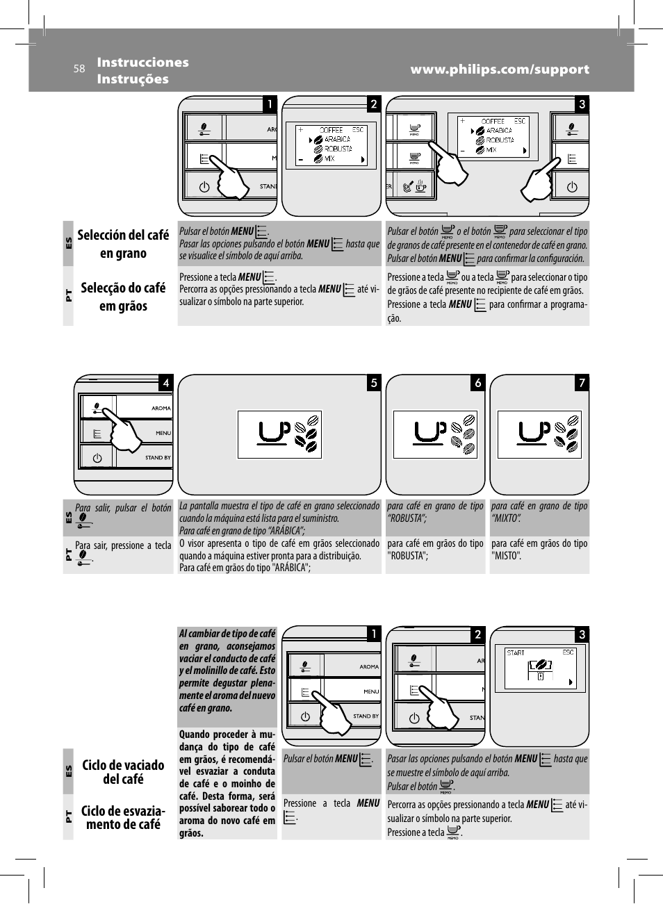 Selección del café en grano, Selecção do café em grãos, Ciclo de vaciado del café | Ciclo de esvazia- mento de café | Philips Saeco Moltio Cafetera expreso súper automática User Manual | Page 58 / 72