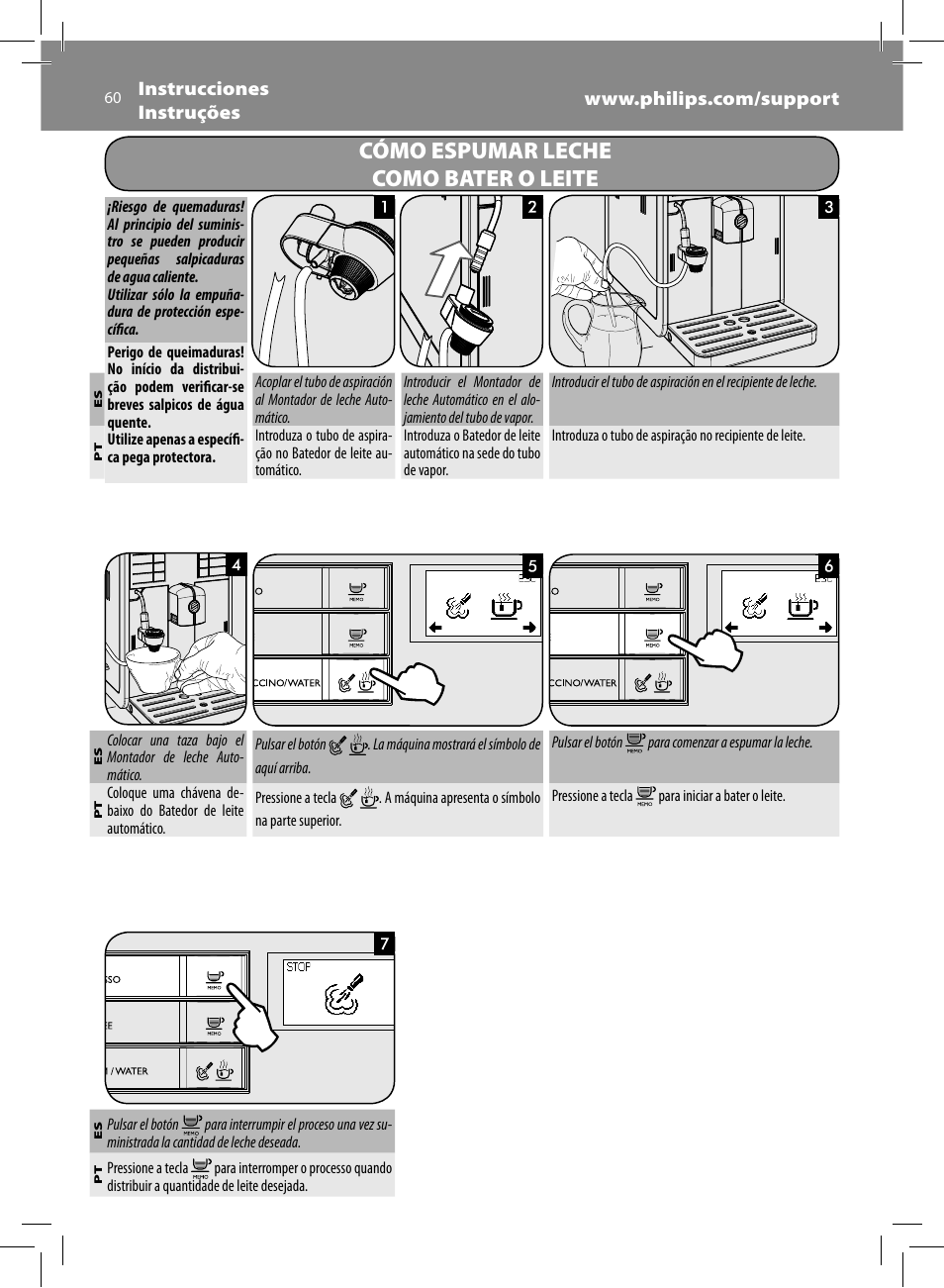 Cómo espumar leche como bater o leite | Philips Saeco Moltio Cafetera expreso súper automática User Manual | Page 60 / 72