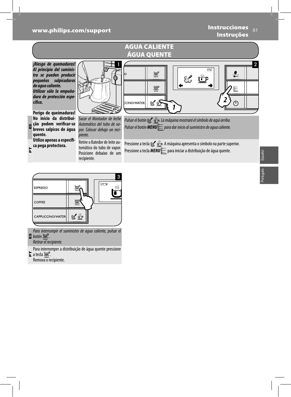 Agua caliente água quente | Philips Saeco Moltio Cafetera expreso súper automática User Manual | Page 61 / 72