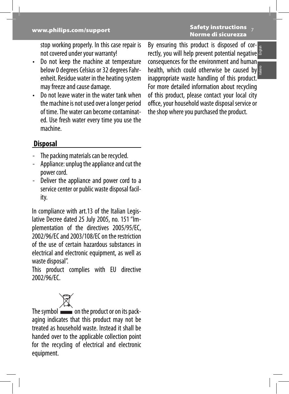 Disposal | Philips Saeco Moltio Cafetera expreso súper automática User Manual | Page 7 / 72