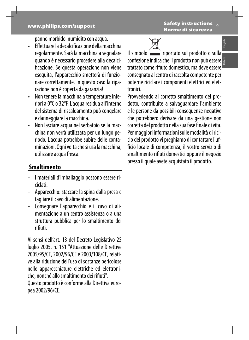 Smaltimento | Philips Saeco Moltio Cafetera expreso súper automática User Manual | Page 9 / 72